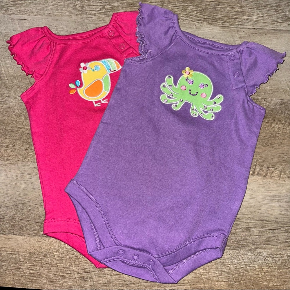 NWOT Garanimals Pink and Purple Kids One Pieces Set 3-6 MOs 100% cotton.